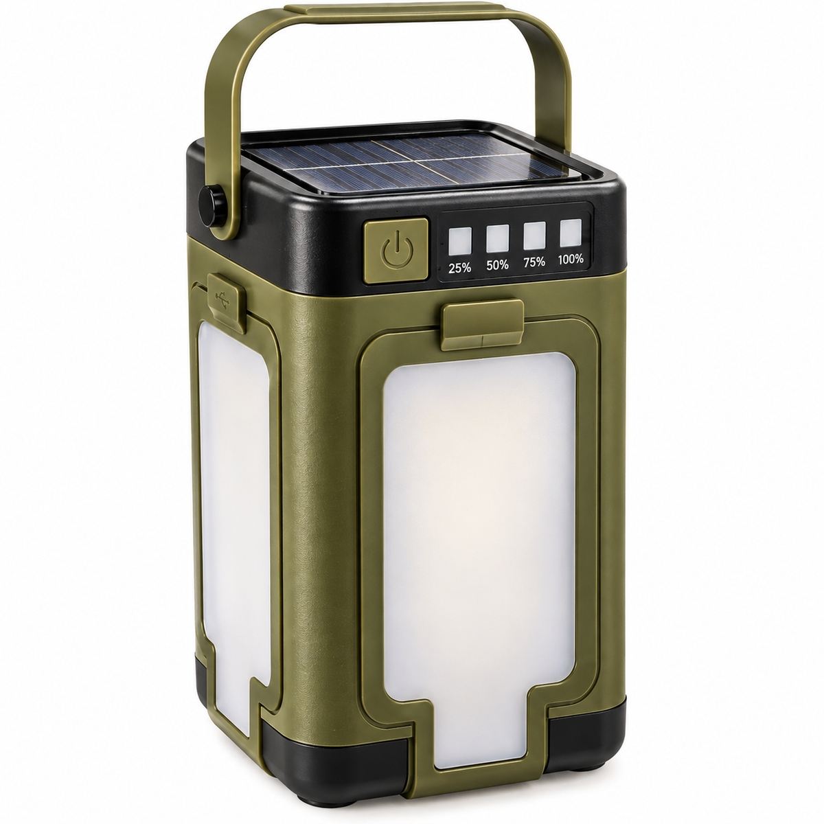 Kemilux olive green solar camping lantern on white background