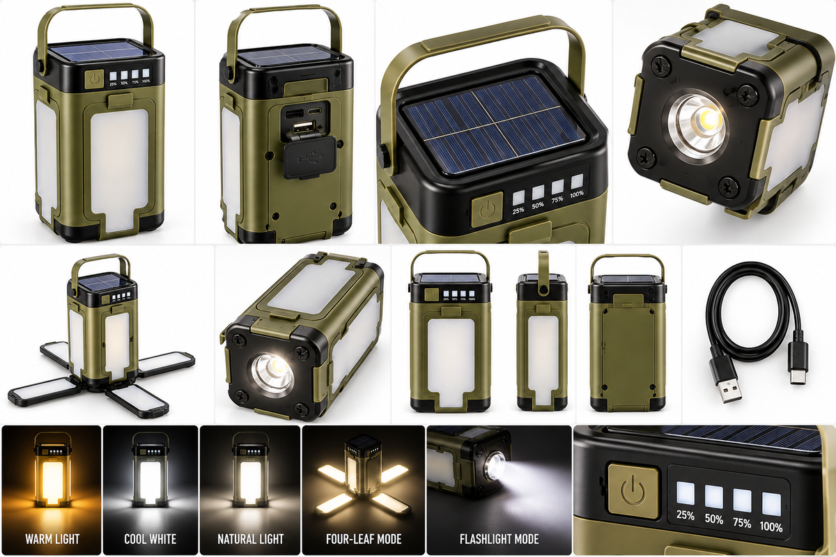 Kemilux solar camping lantern product gallery showing multiple angles and lighting modes