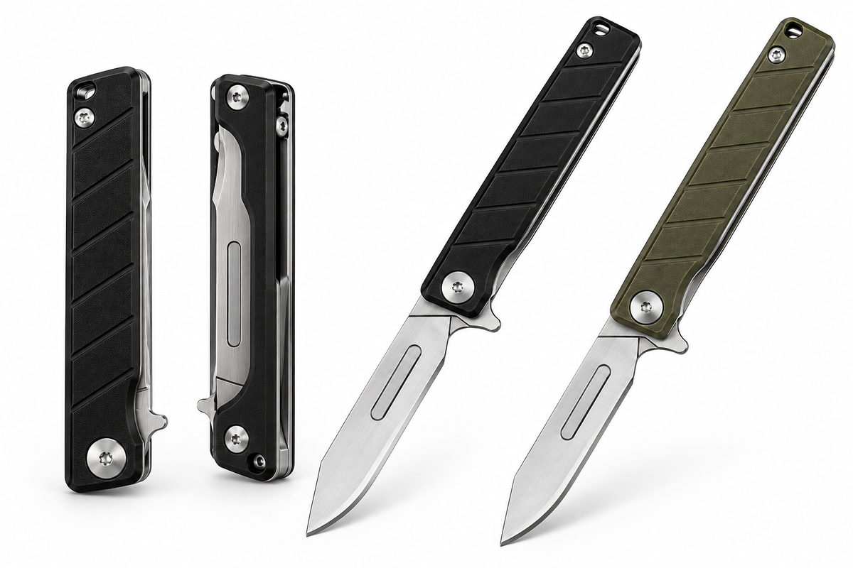 Replaceable-blade folding utility knife shown closed and open in black and olive variants