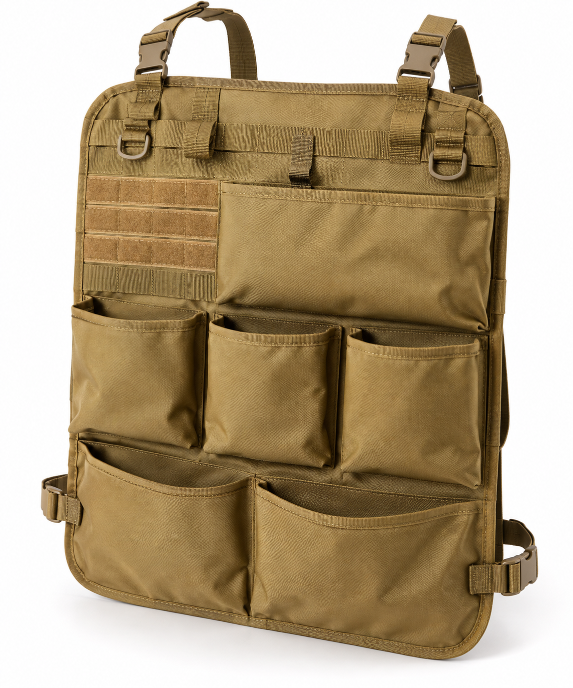 Tan tactical MOLLE car seat-back organizer on white background