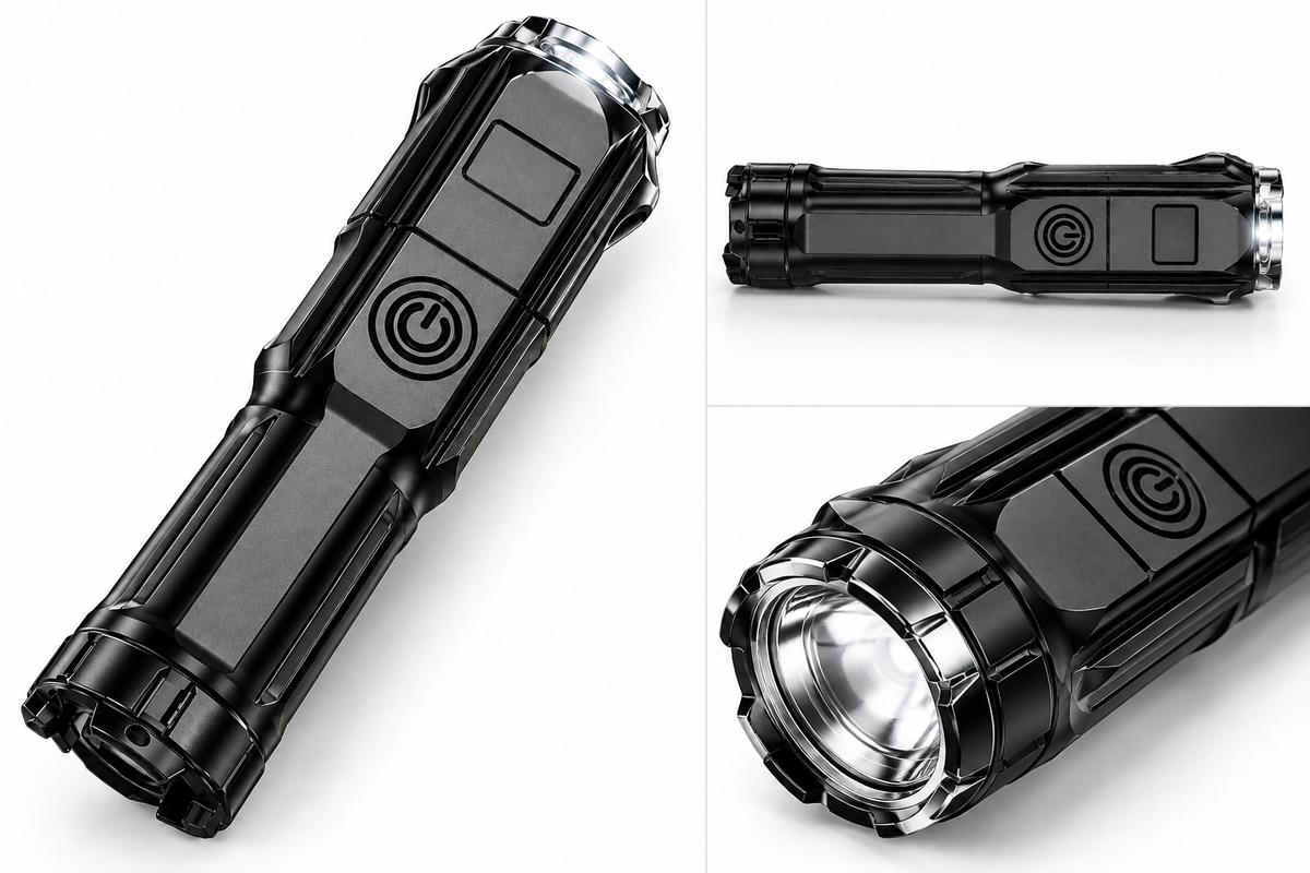 Tech & Tac LED torch shown at an angle, side profile and close-up of the lens and controls