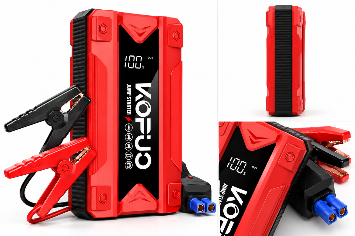 Red KOTU portable jump starter shown from front, side and close-up with clamps and connector