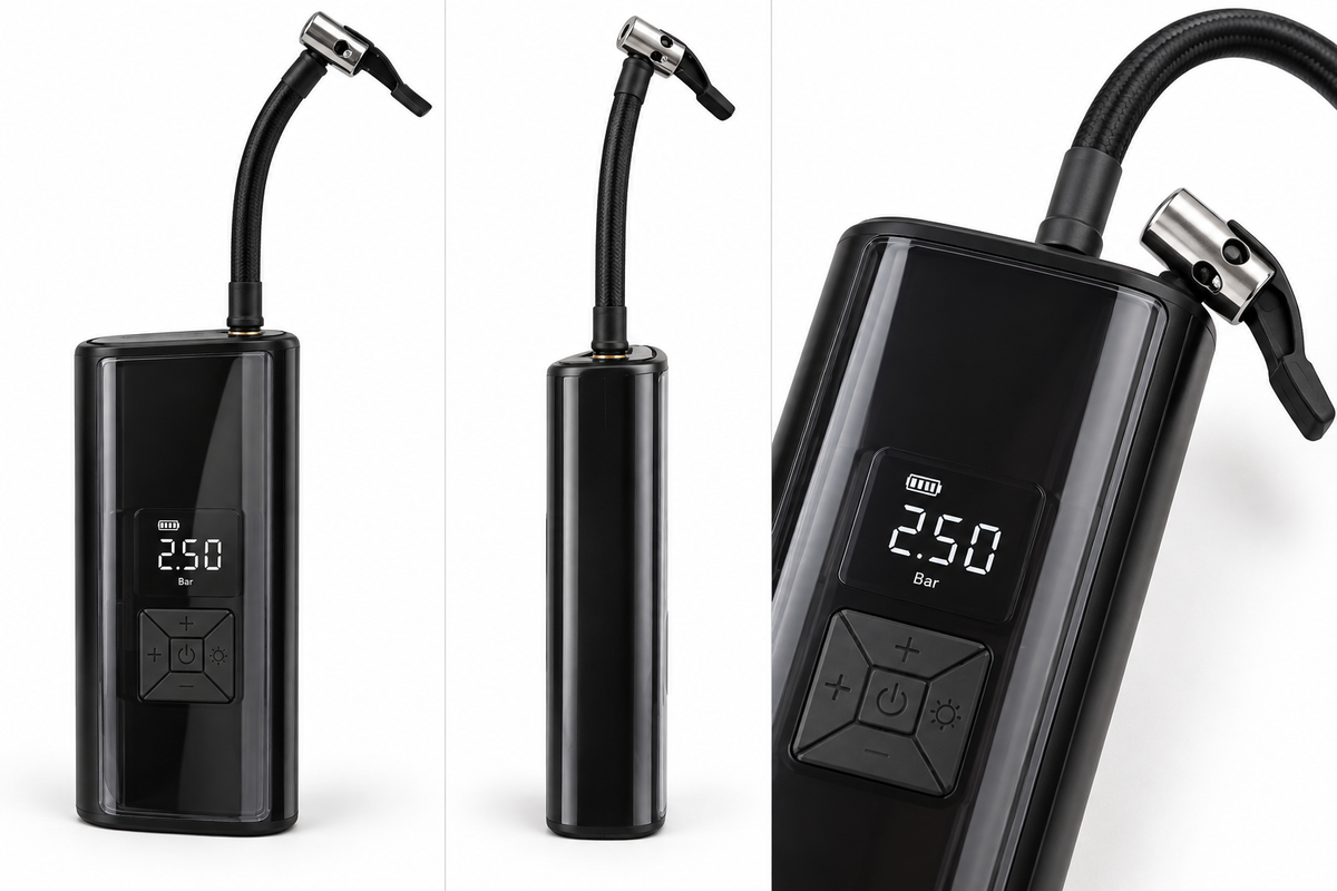 Portable digital tyre inflator shown from front, side and close-up angles