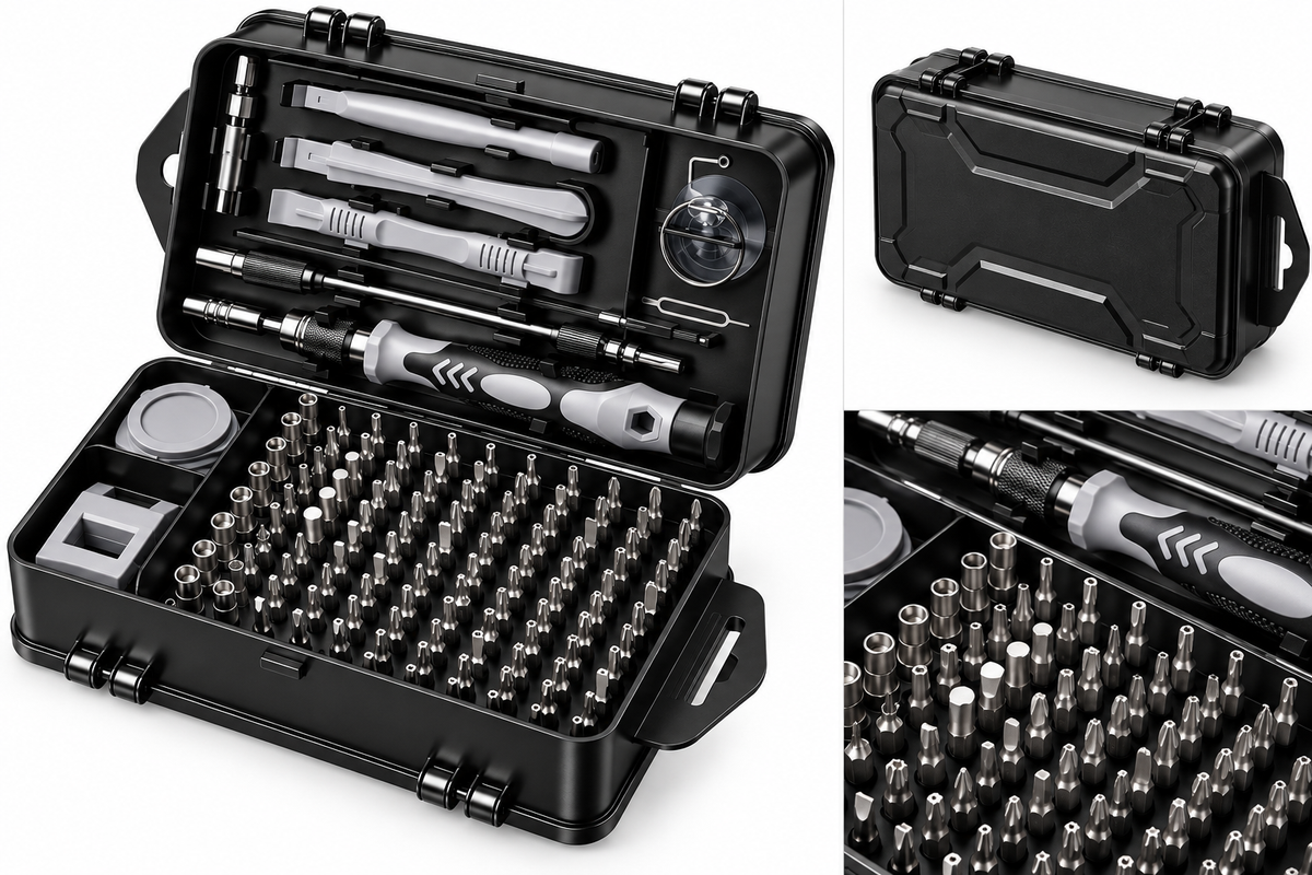 117-piece precision screwdriver kit shown open, closed and in close-up detail