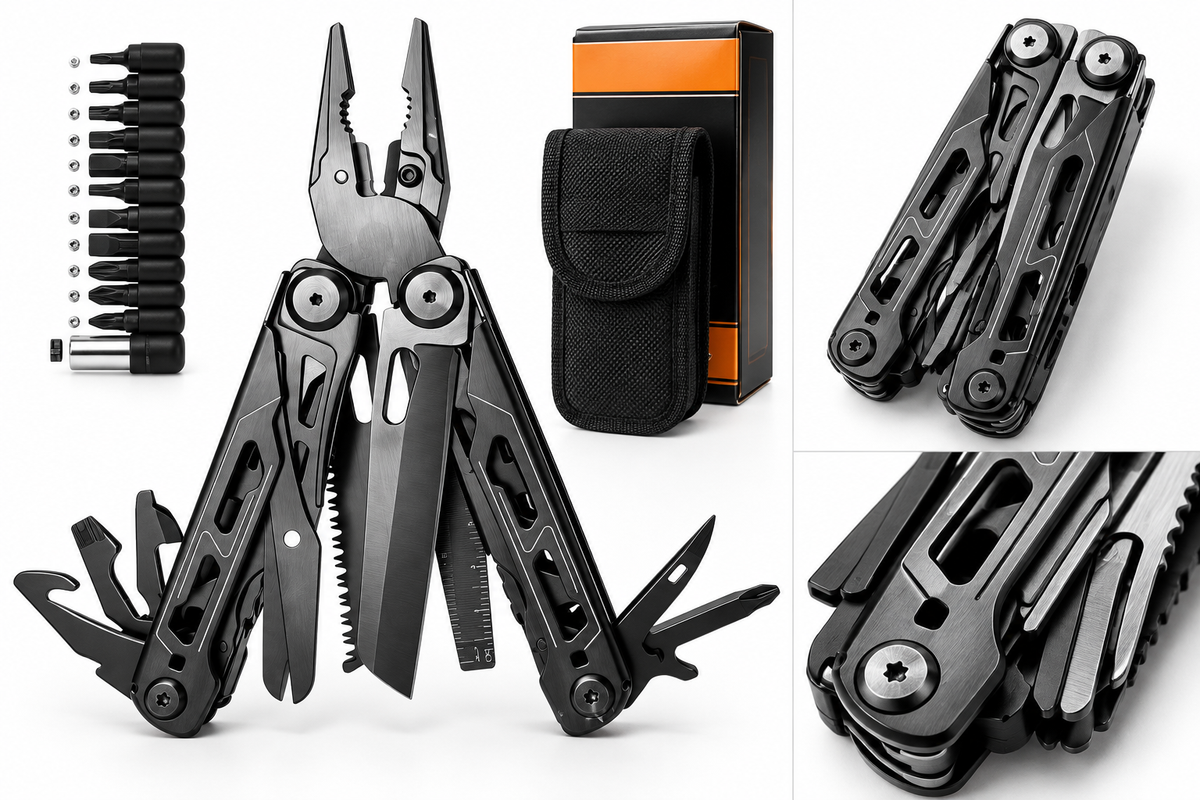 Tech & Tac 27-in-1 multitool shown open, folded and in close-up with accessories